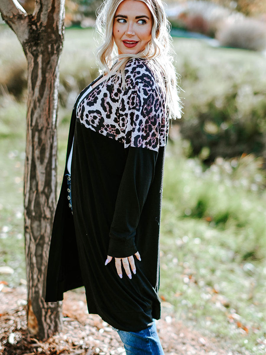 Leopard Splicing Knitwear Mid-length Casual Loose Jacket | Nowena