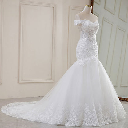 High Waist White Temperament Dream Lace Mid-waist Long Tail V-neck Wedding Dress
