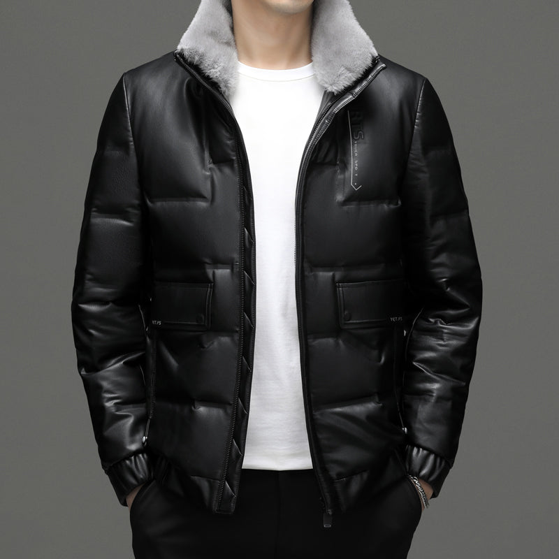 Men's Leather Down Short Jacket Fleece Padded Coat | Nowena