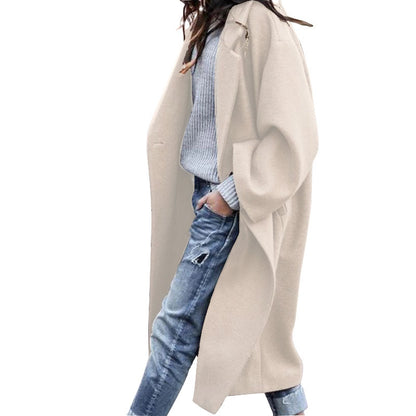 Women Casual Long Jacket With Pockets Solid Color Single Breasted Lapel Woolen Coat | Nowena
