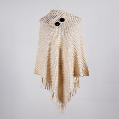 Buttoned half-open collar tassel cape shawl wrap | Nowena