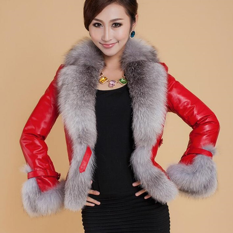 Winter Leather Jacket Women Coat Faux Fox Fur Collar | Nowena