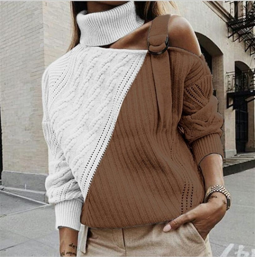 Patchwork Turtleneck Sweater Women Sexy Off Shoulder Knitted High Neck Sweater Top Casual Loose Winter Tops | Nowena