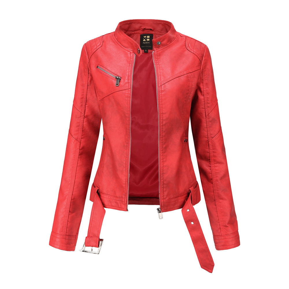 Women Zip Up Lapel Faux Leather Coat Slim Belted Leather Jacket | Nowena