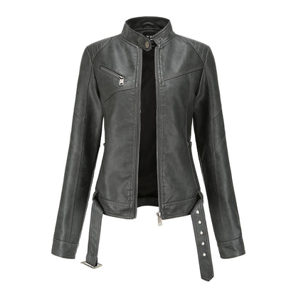 Women Zip Up Lapel Faux Leather Coat Slim Belted Leather Jacket | Nowena