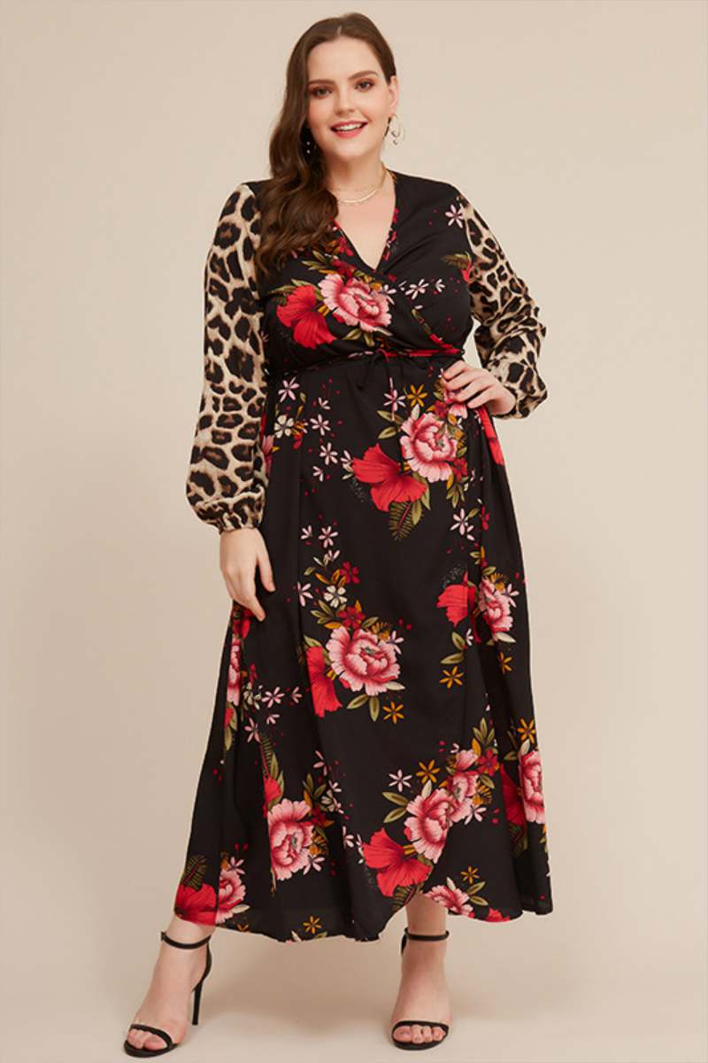 Long Skirt Printed Leopard V-neck Plus Size Women's Dress