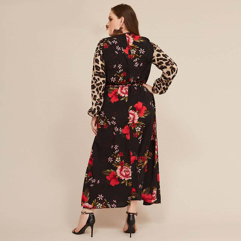 Long Skirt Printed Leopard V-neck Plus Size Women's Dress