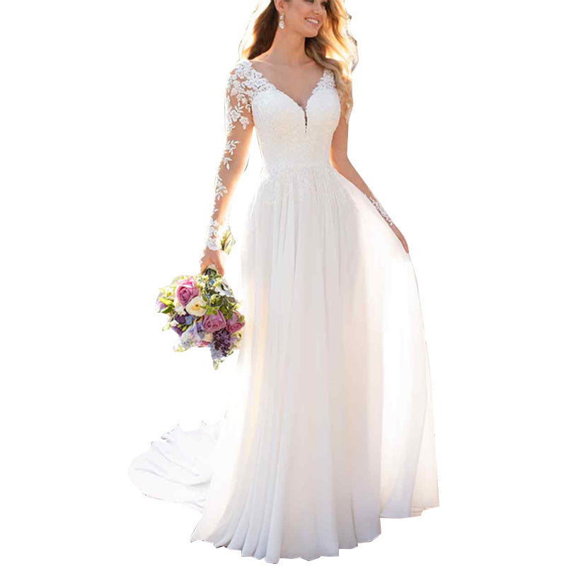 Sexy Backless Deep V-neck Wedding Dress Women White Evening Dress