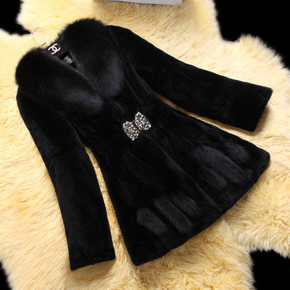 Thick Plush Mid-Length Fox Fur Collar Coat | Nowena