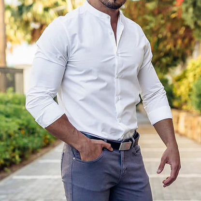Slim Tops Solid Color Casual Long Sleeve Shirt Men | Nowena