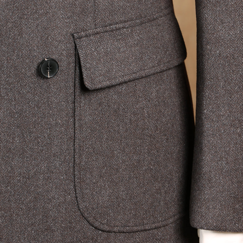 Herringbone Woolen Slim Fit Men's Mid Length Double Breasted Coat | Nowena