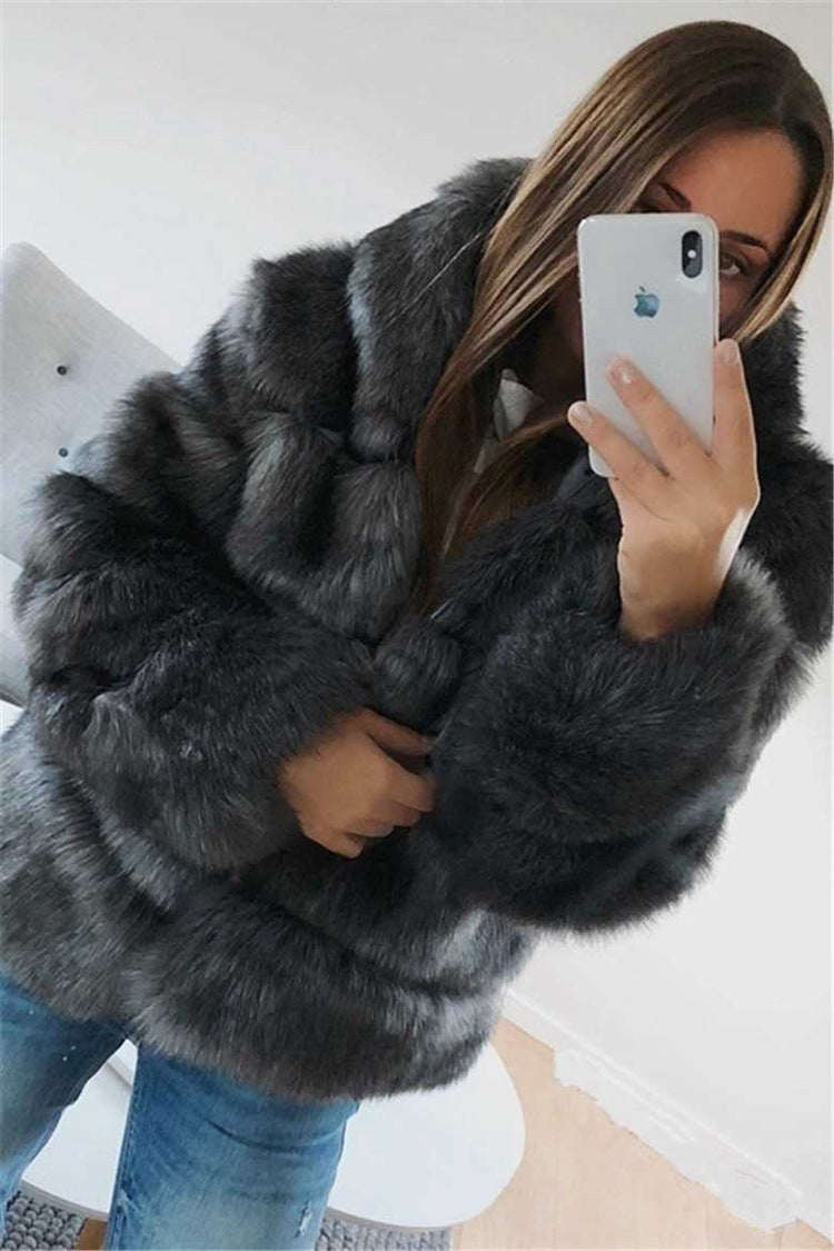 Women Thicken Warm Fluffy Hooded Coat Long Sleeve Faux Fur Jacket