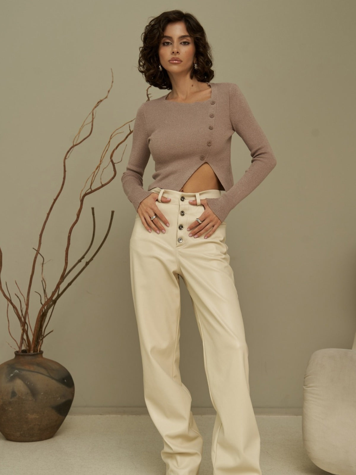 Straight Casual Button Leather Trousers For Women
