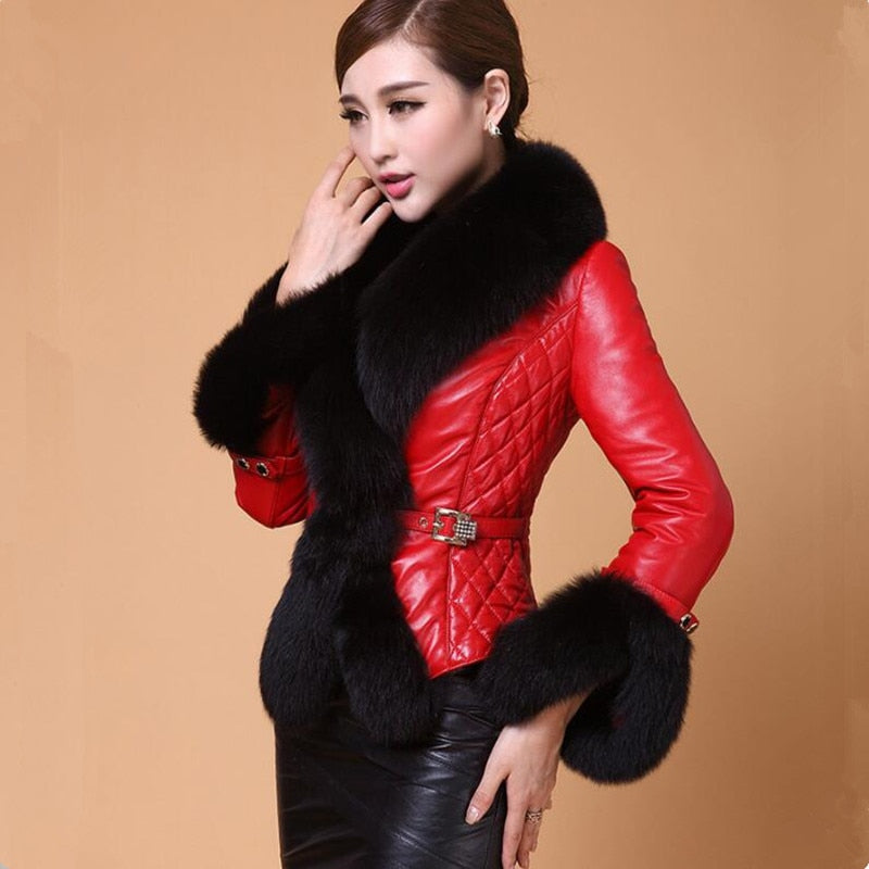 Winter Leather Jacket Women Coat Faux Fox Fur Collar | Nowena