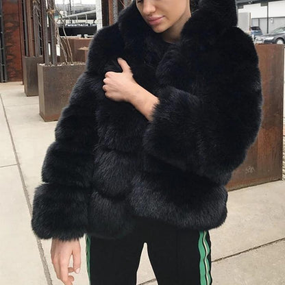 Women Thicken Warm Fluffy Hooded Coat Long Sleeve Faux Fur Jacket