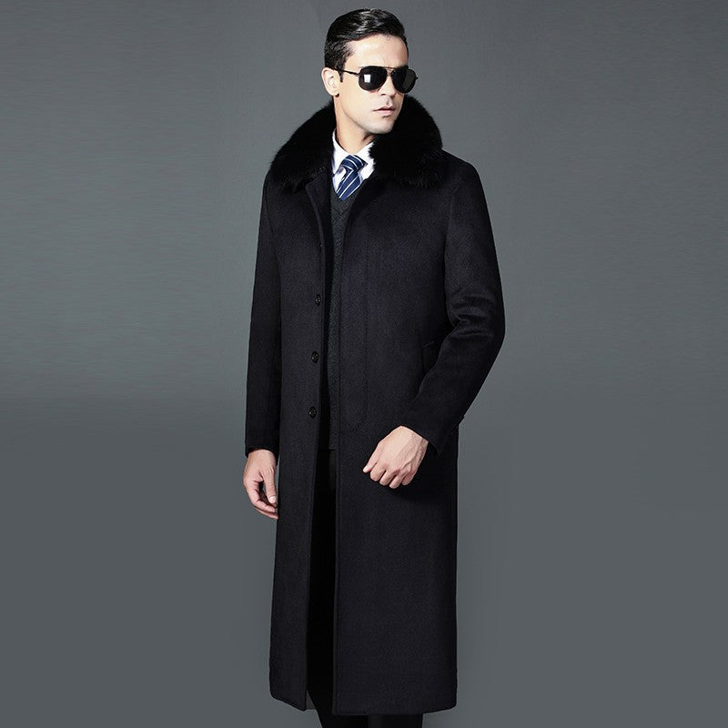 Men's Overknee Woolen Fox Fur Collar Thicken Warm Single-breasted Coat | Nowena