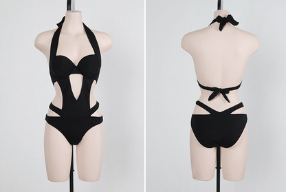 Black Halter Cut Out Bandage Trikini Swim Bathing Suit One Piece Swimsuit