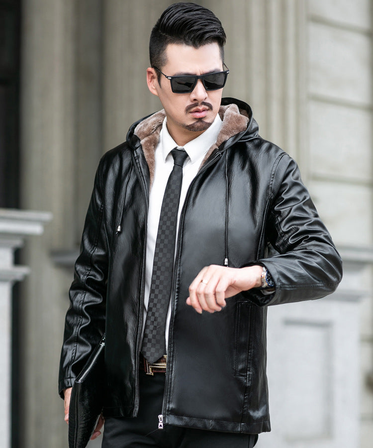 Warm Hooded Thickening Fur Men's Leather Jacket | Nowena