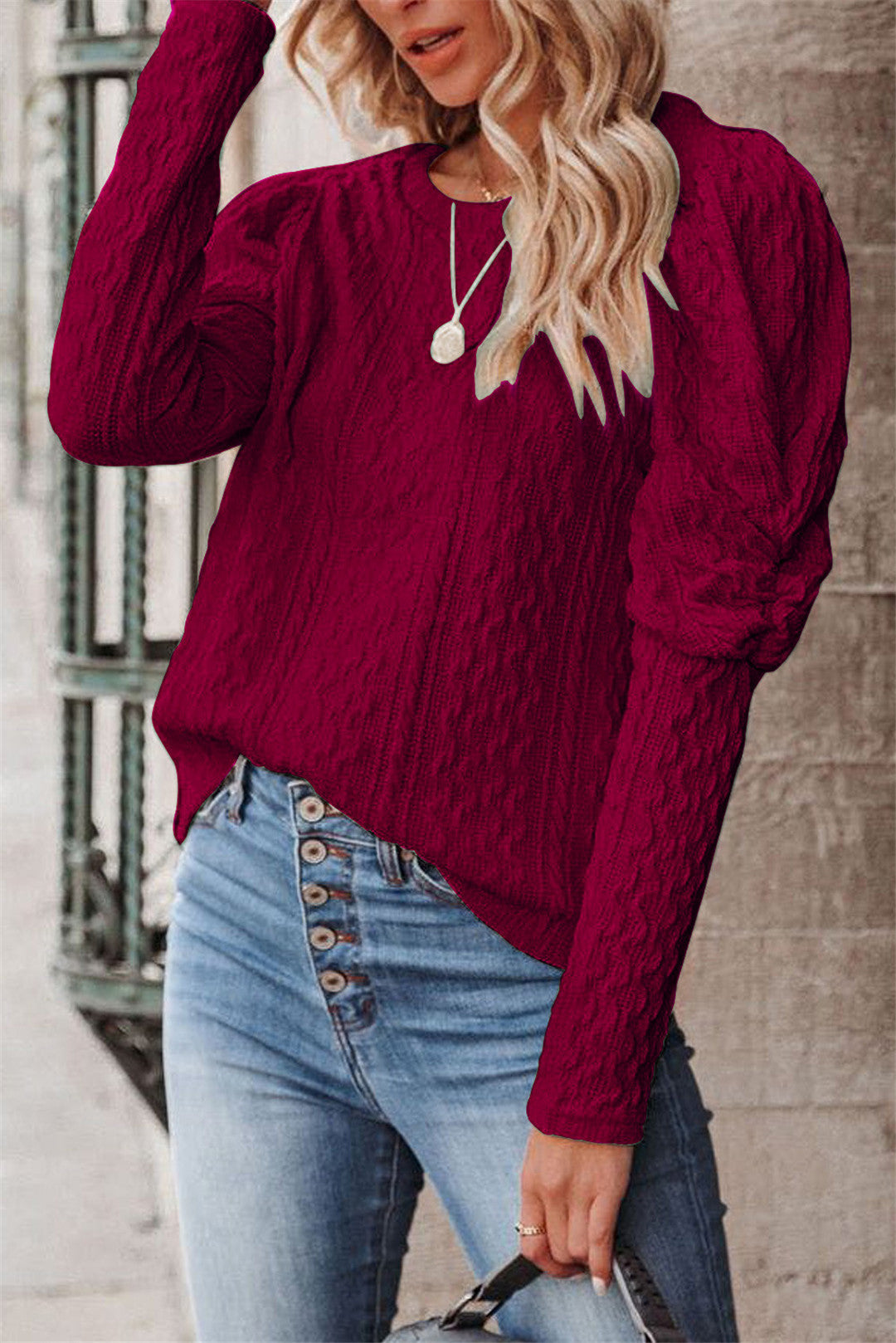 Women's Solid Color Jacquard Round Neck Gigot Sleeve Knitted Sweater Top | Nowena