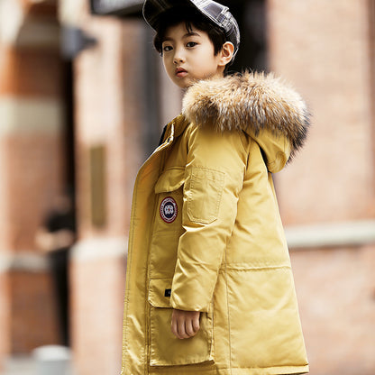 Kids Long Thickening Warm Hooded Fur Collar Down jacket | Nowena