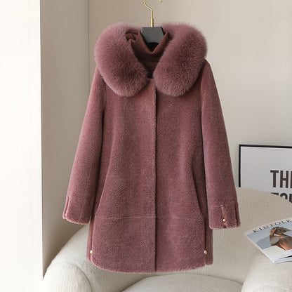 Women's Fox Fur Collar Hooded Sheep Shearling Coat | Nowena