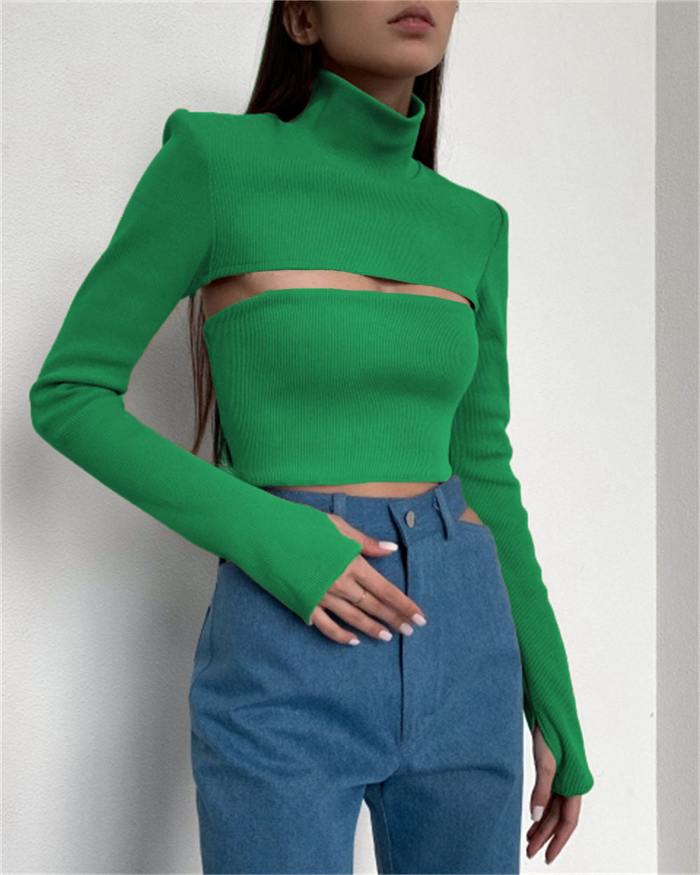 Hollow High-neck Ribbed Sweater Long-sleeved Tight-fitting Crop Top  | Nowena