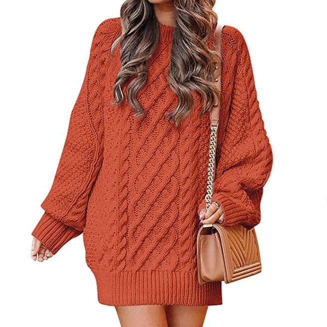 Women's Round Neck Long Sleeve Twisted Knitted Mid-length Dress Sweater | Nowena