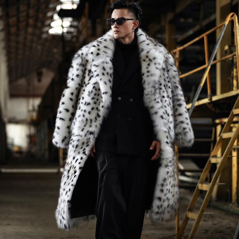 Men's leopard Long fox fur coat Winter casual warm wool trench coat | Nowena
