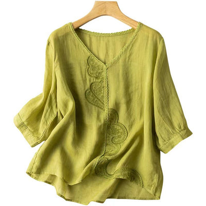 Women's Fashionable Simple Embroidered Ramie Shirt Top
