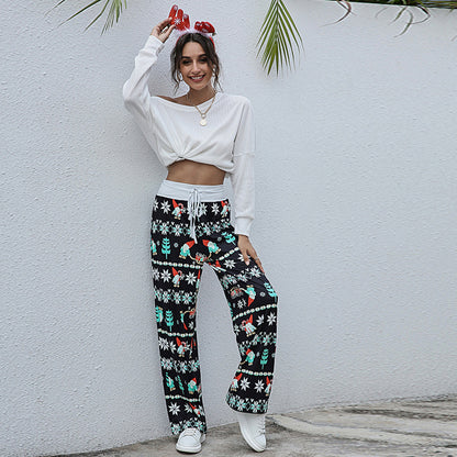 Christmas print pants womens  Fashion Casual Drawstring Trousers | Nowena