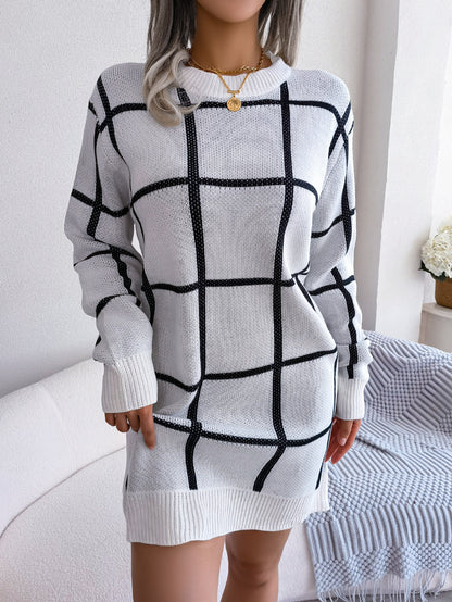 Casual Contrast Color Plaid Long Sleeve Base Sweater Dress