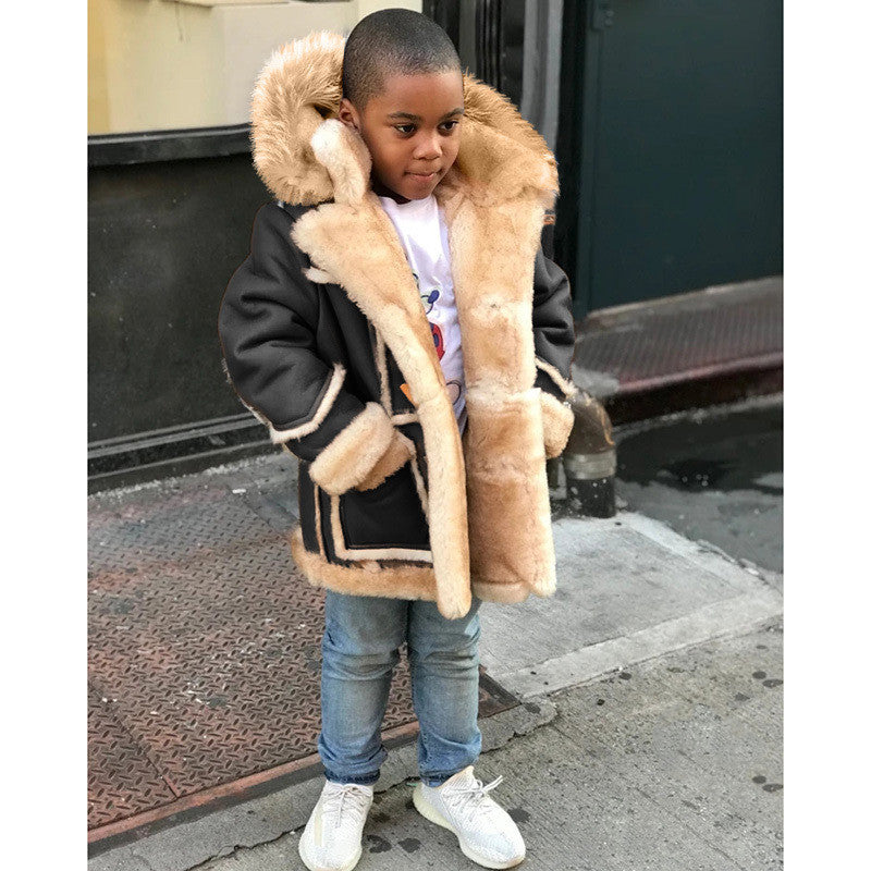 Kids Long Sleeve Fur Turn-down Collar Thicken Warm Faux Fur Suede Winter Jacket | Nowena