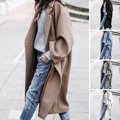 Women Casual Long Jacket With Pockets Solid Color Single Breasted Lapel Woolen Coat | Nowena