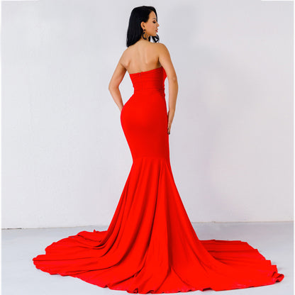 Long Evening Dress Off-the-shoulder Strapless Fishtail Slit high waist solid color dress | Nowena