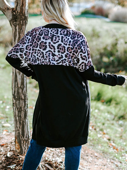 Leopard Splicing Knitwear European And American-style Mid-length Casual Loose Jacket