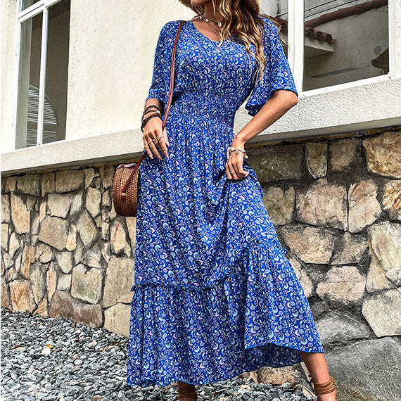 Women's V-neck Beach Lace Printing Dress | Nowena
