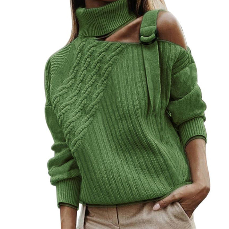 Patchwork Turtleneck Sweater Women Sexy Off Shoulder Knitted High Neck Sweater Top Casual Loose Winter Tops | Nowena
