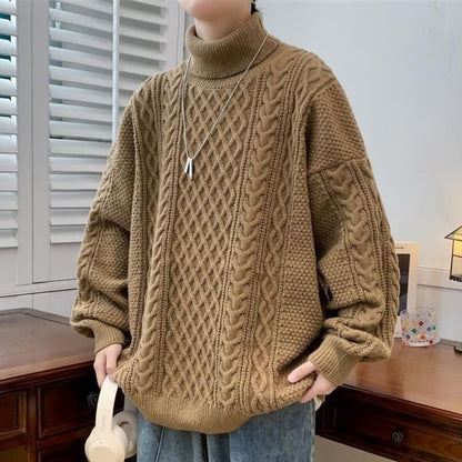 Vintage Jacquard Turtleneck Thick Sweater Men