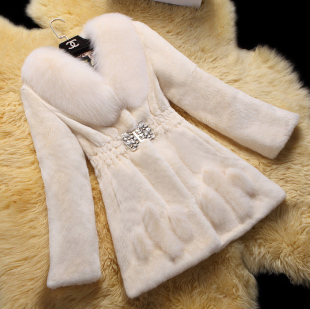Thick Plush Mid-Length Fox Fur Collar Coat | Nowena