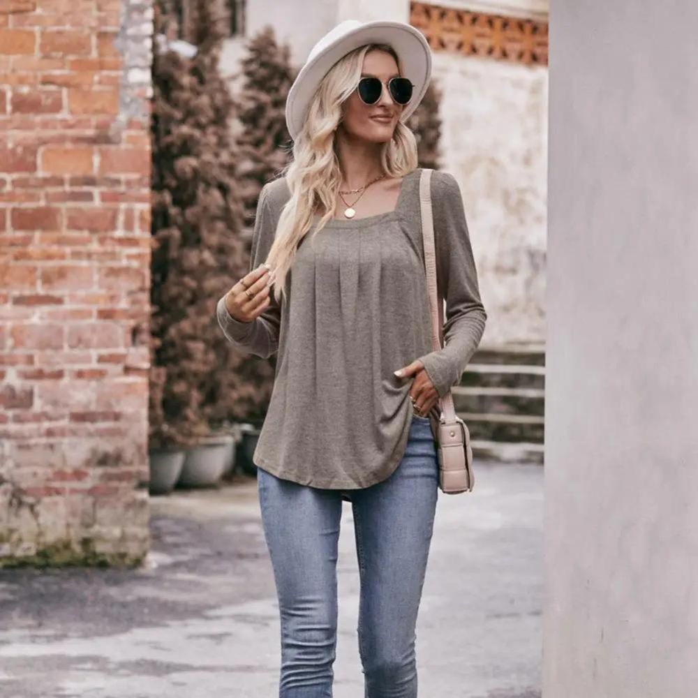 Casual Puff Sleeve Square Collar Pleated Long Sleeve