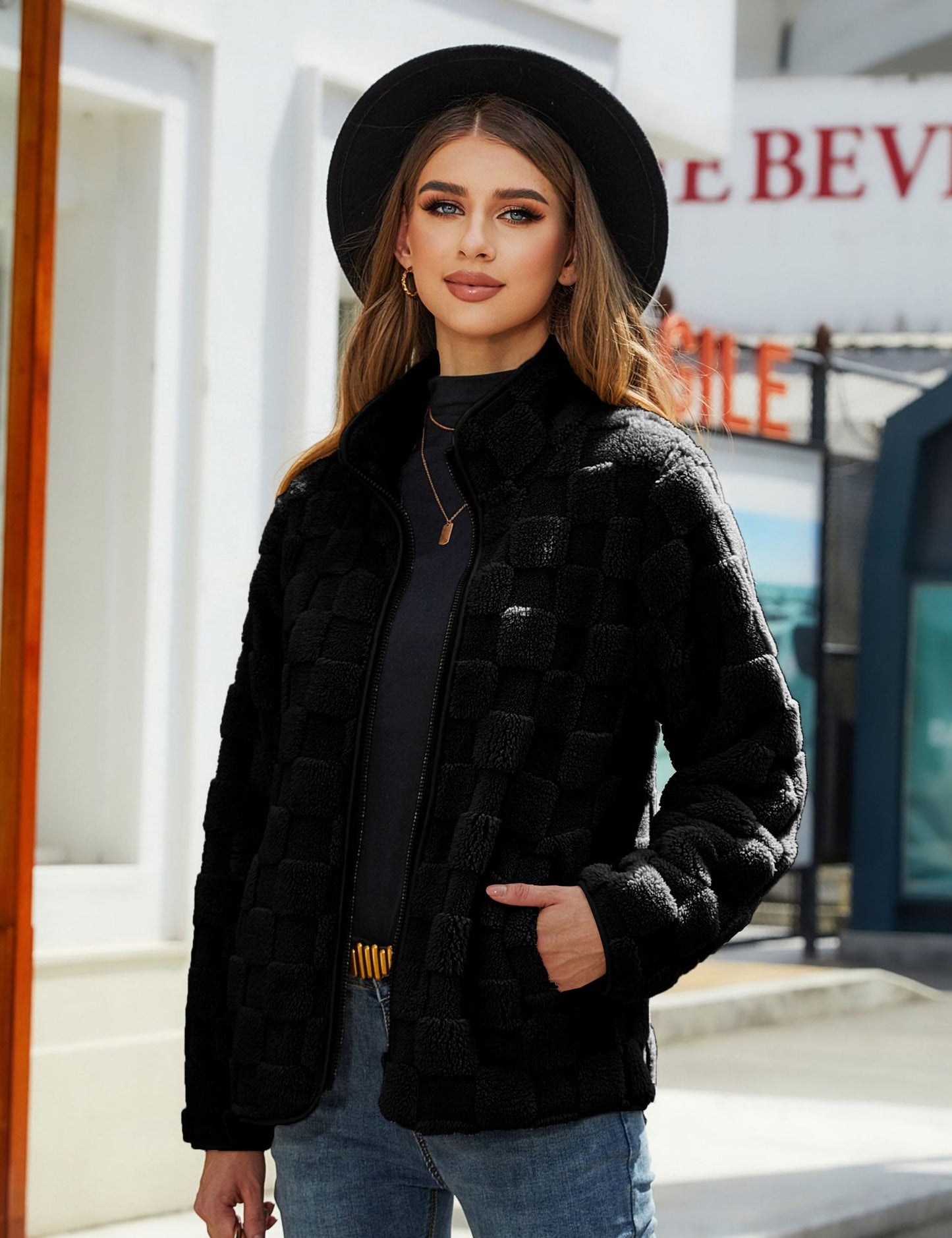 Women Stand-up Collar Plush Winter Long-sleeved Loose Zipper Solid Color Checkerboard Design Coat | Nowena