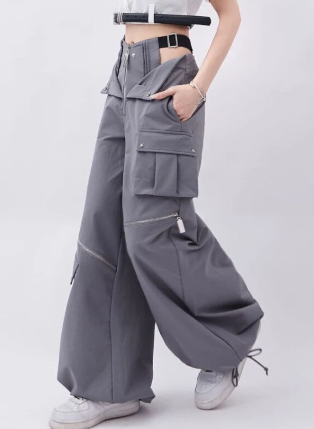 Women's Autumn Retro Multi-zipper Pocket Two-way Design Drawstring Casual Pants