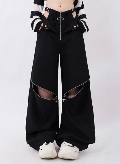 Women's Autumn Retro Multi-zipper Pocket Two-way Design Drawstring Casual Pants