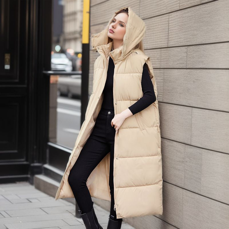 Women's Long Puffer Vest with Hood Winter Sleeveless Zip Up | Nowena