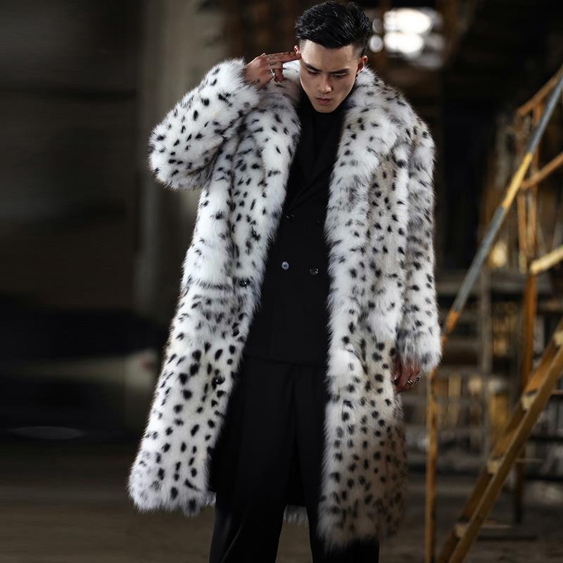 Men's leopard Long fox fur coat Winter casual warm wool trench coat | Nowena