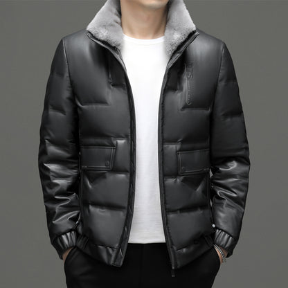 Men's Leather Down Short Jacket Fleece Padded Coat | Nowena