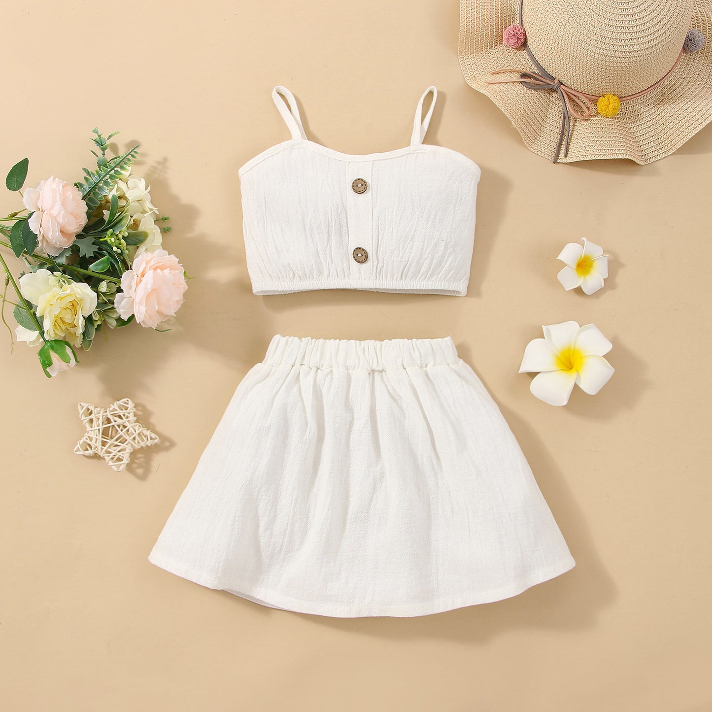 Solid Color Sling Decoration Wooden Buckle Skirt Outfit