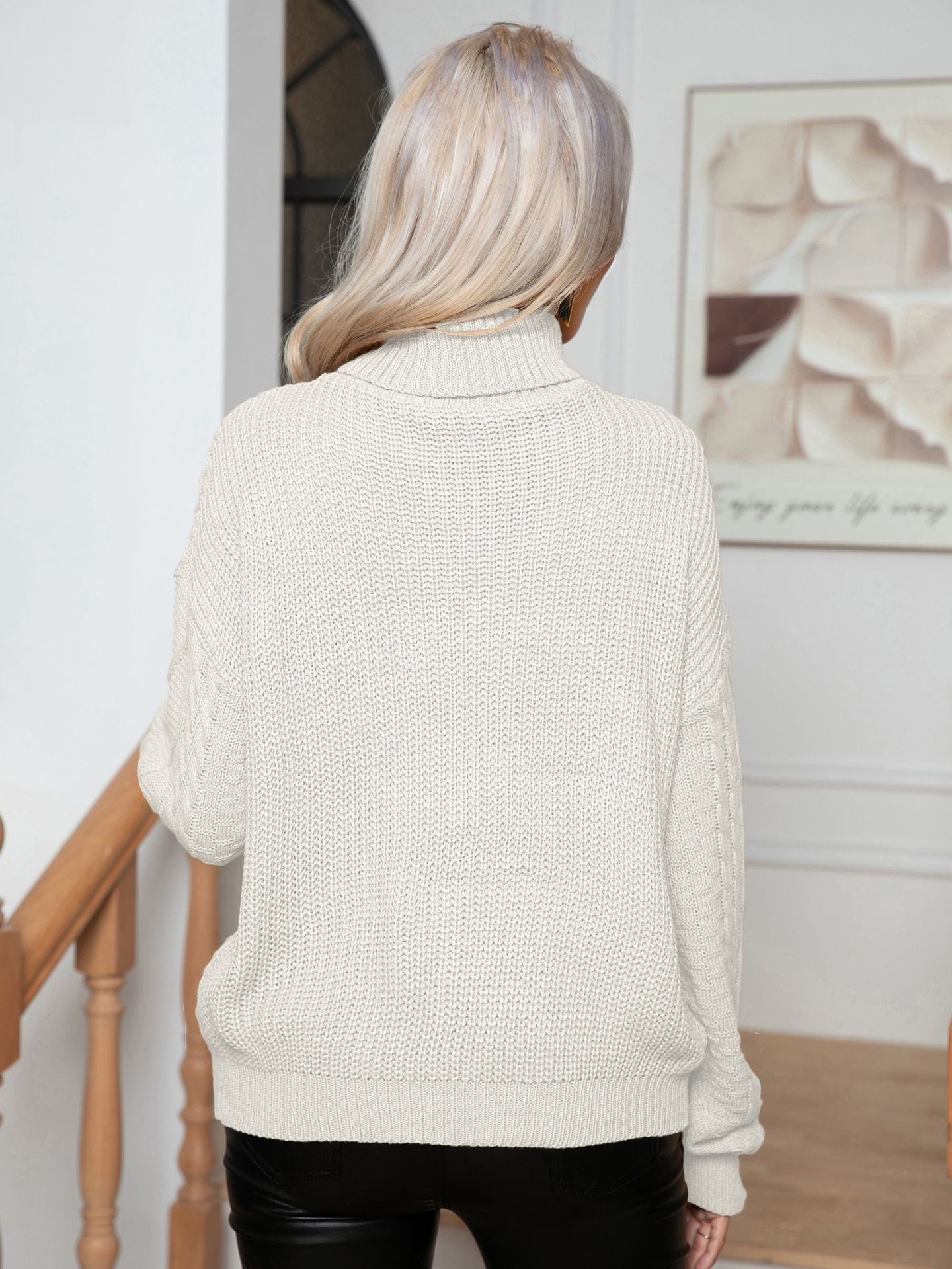 Cable-knit Turtleneck Loose-fitting Long Sleeve Sweater | Nowena
