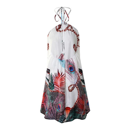Printed Summer Off-Shoulder Hanging Neck Sleeveless Sexy Dresses Women