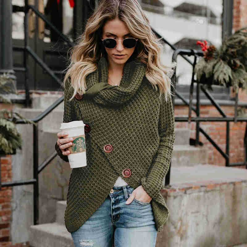 Women's Turtle Cowl Neck Asymmetric Hem Wrap Pullover Sweater | Nowena